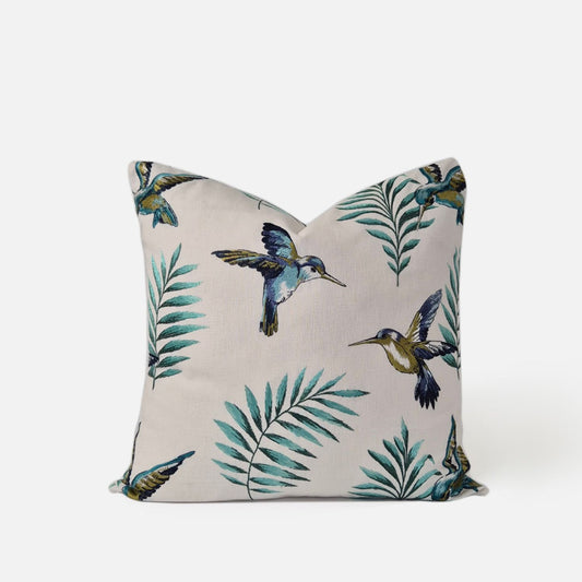 Avian Ivory Multi-Embroidered Square Cushion Cover, 50x50cm. High-end botanical, hummingbird and floral pattern soft furnishings by Decorative Threads New Zealand.