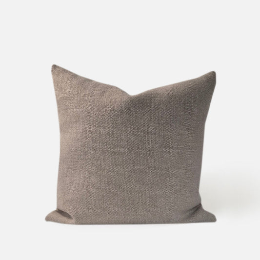 Decorative Threads Textured Taupe Tan Flax colour cushion , front view on a white background
