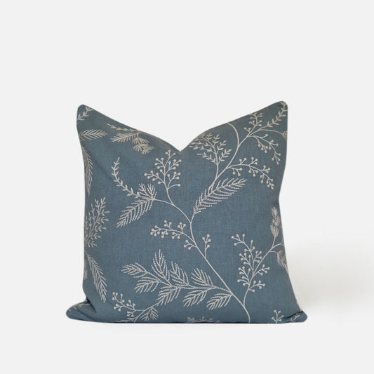 Decorative Threads Medley cushion cover in dusty turquoise with a embroidered botanical design, front view on a white background