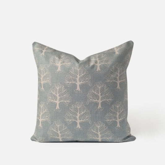 Decorative Threads Oak cushion cover in Duckegg with printed oak trees, front view
