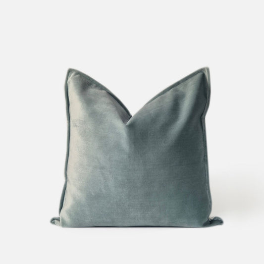 Decorative Threads Omega cushion cover in Duckegg in soft plain velvet, front view on a white background