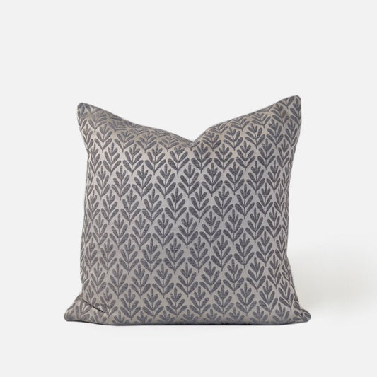 Decorative Threads Willow cushion cover in silver with a foliage woven design, front view