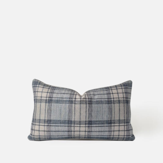 Decorative Threads Windsor cushion cover in Fog Blue with a woven plaid pattern, front view
