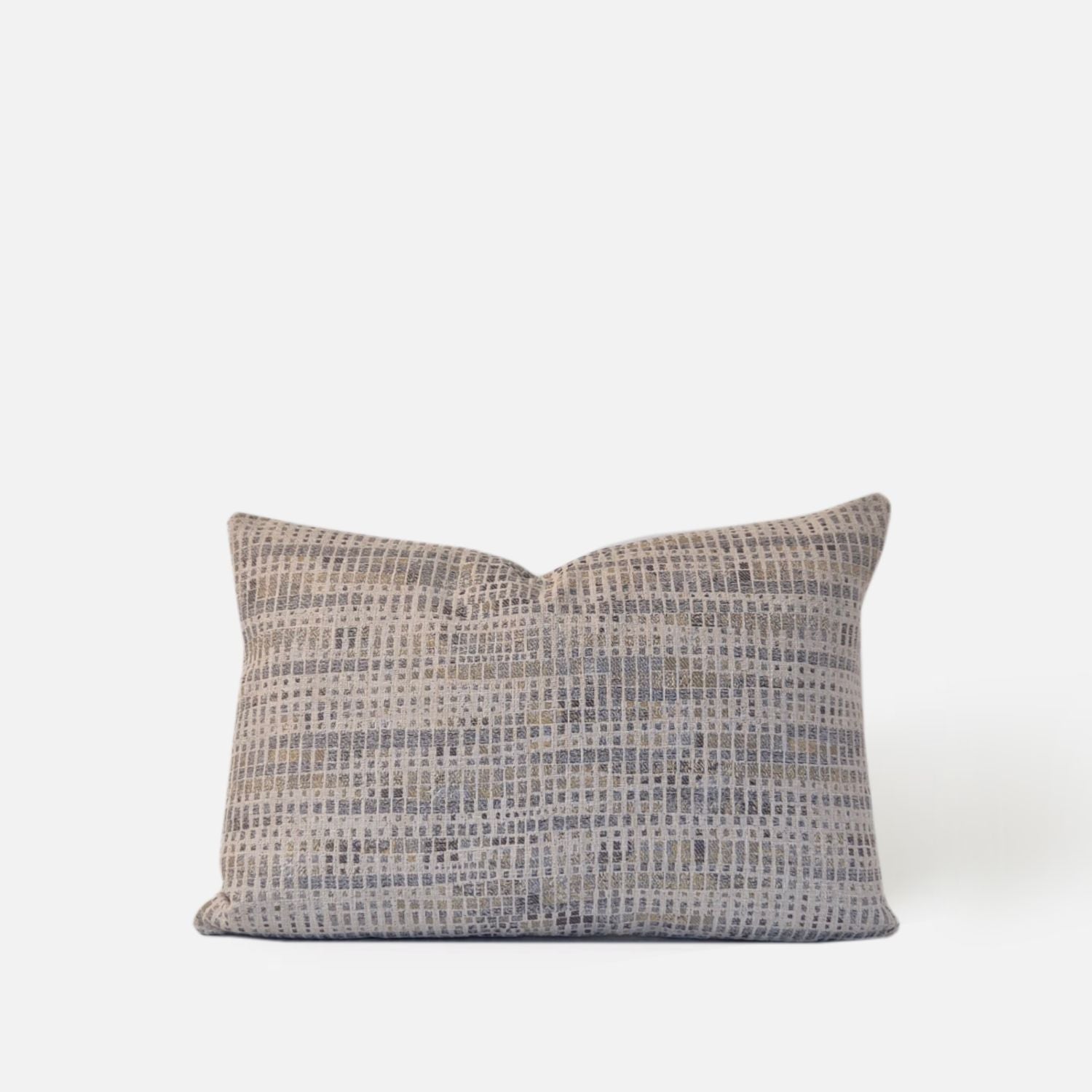 Decorative Threads Geometric Abstract cushion cover combo . Luxe duo set featuring rich honey coloured velvet paired with a contemporary abstract weave, front of abstract weave on white background.