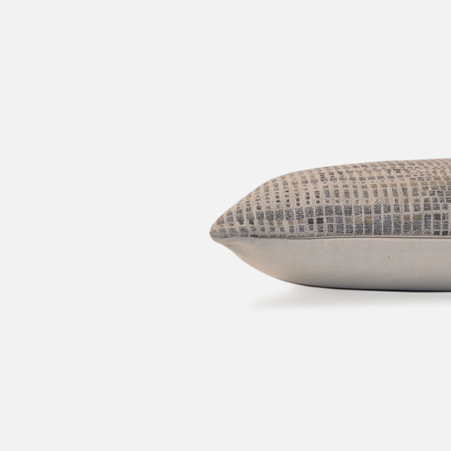 Decorative Threads Geometric Abstract cushion cover combo . Luxe duo set featuring rich honey coloured velvet paired with a contemporary abstract weave, side of abstract weave on white background.