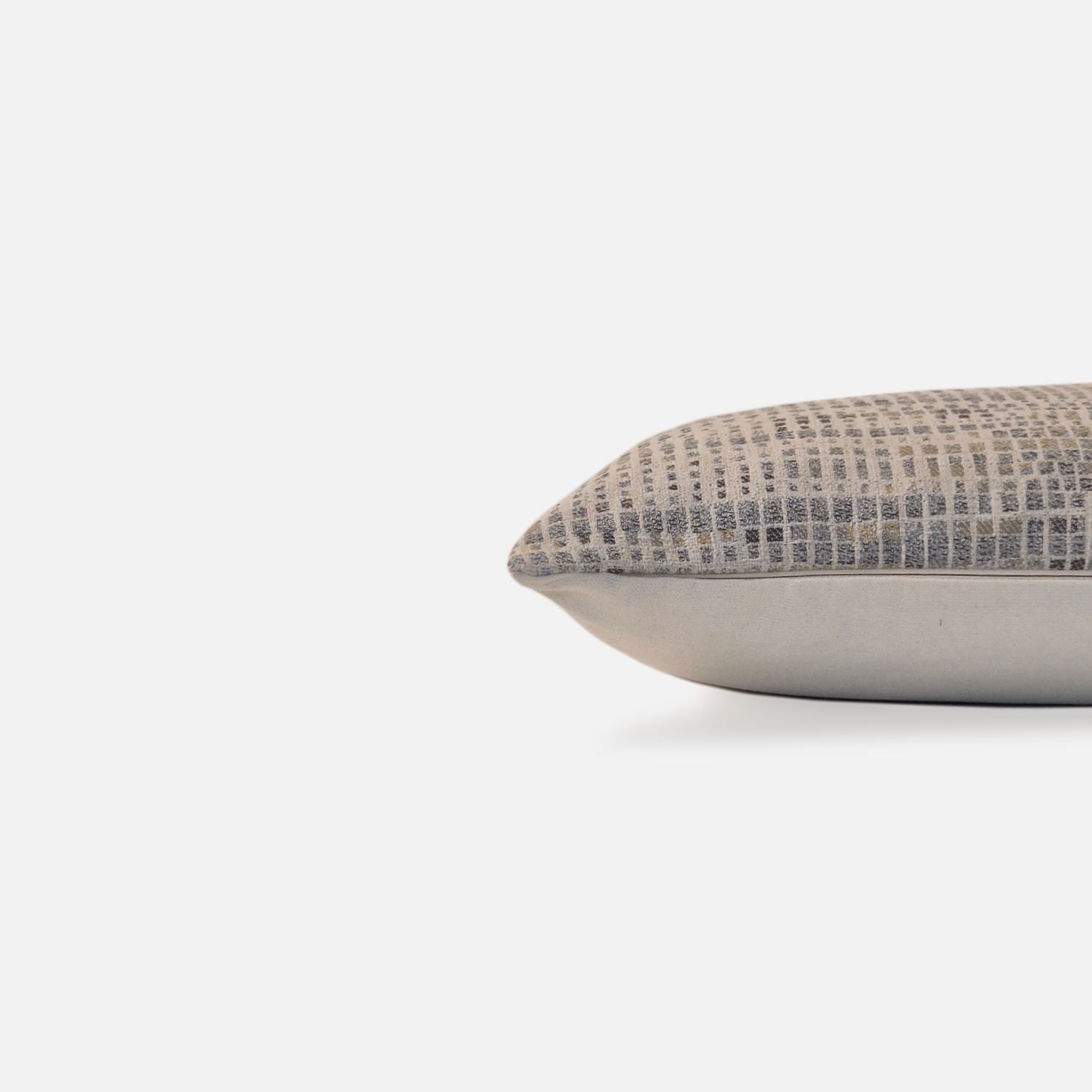 Decorative Threads Geometric Abstract cushion cover combo . Luxe duo set featuring rich honey coloured velvet paired with a contemporary abstract weave, side of abstract weave on white background.