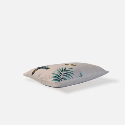 Aerial top-down view of the Avian Ivory Multi-Embroidered cushion cover showcasing the full floral and botanical bird pattern layout.