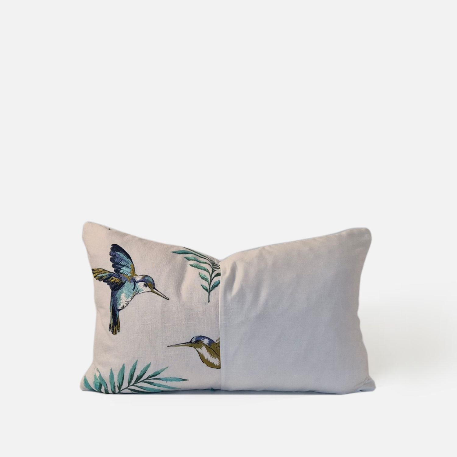 Avian Ivory Multi-Embroidered Lumbar Cushion Cover, 50x30cm. Sophisticated rectangular floral botanical hummingbird cushion designed by Decorative Threads NZ.