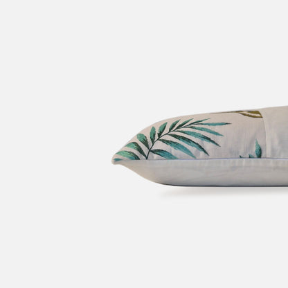 Side view of the Botanical Bird Avian Ivory cushion Cover, highlighting the high-end fabric weight and hidden zipper construction. 