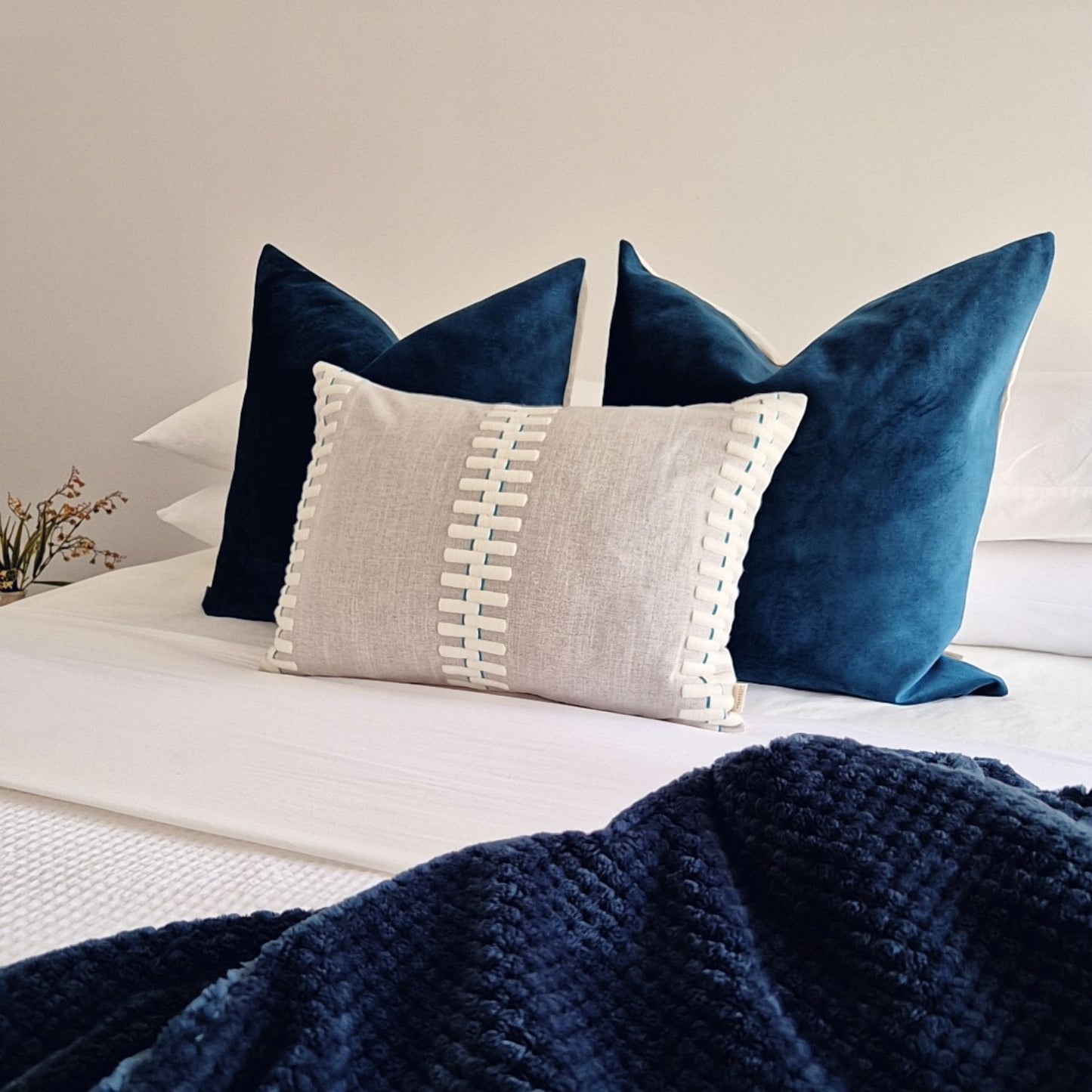 Decorative Threads Coastal Calm cushion cover combo.  Trio of Velvet and Embroidered Covers in Peacock and Neutral Grey.