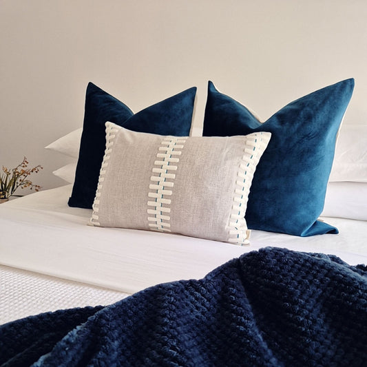 Decorative Threads Coastal Calm cushion cover combo.  Trio of Velvet and Embroidered Covers in Peacock and Neutral Grey.