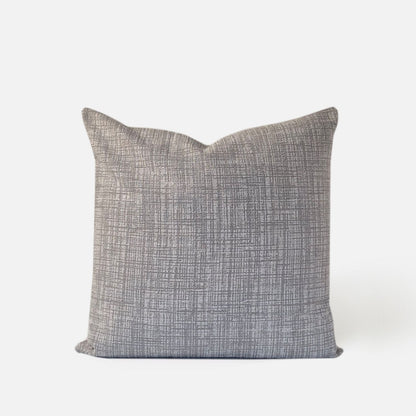 Decorative Threads Grey textured cushion, front view on a white background.