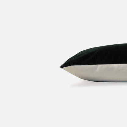 Decorative Threads solid emerald, green velvet cushion cover, side view on a white background. 