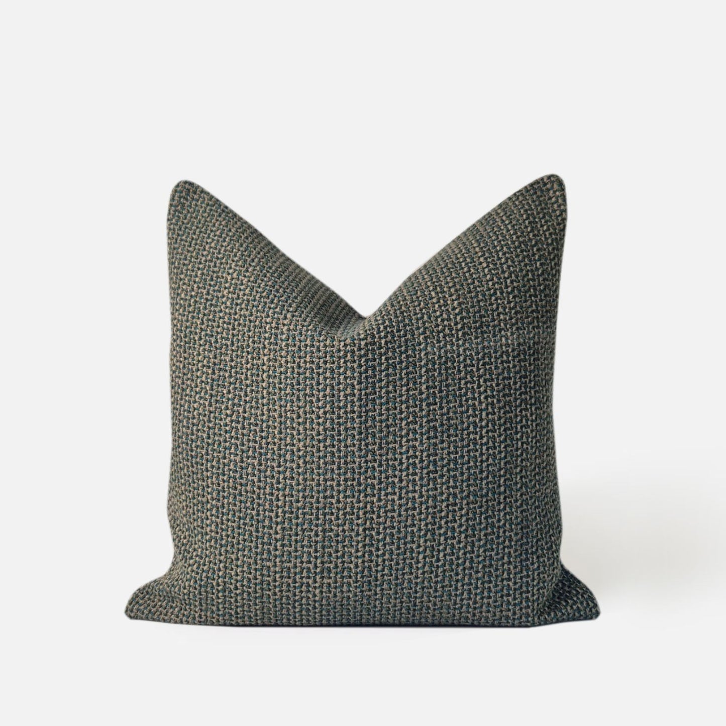 Decorative Threads Multi-Teal Woven cushion cover, front view on a white background. 