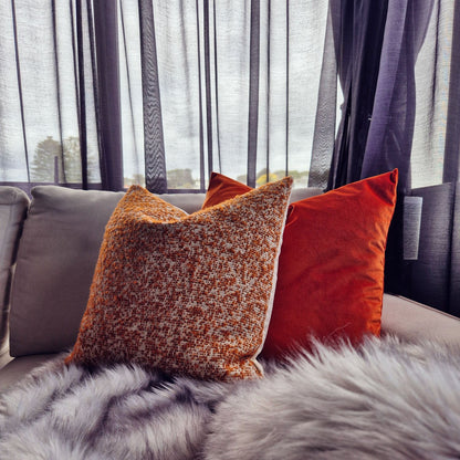 Decorative Threads Ensemble Spice cushion cover combo on a sofa. Duo of earthy tones.