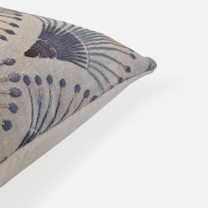 Decorative Threads Fanciful cushion cover in natural/indigo, corner view on a white background