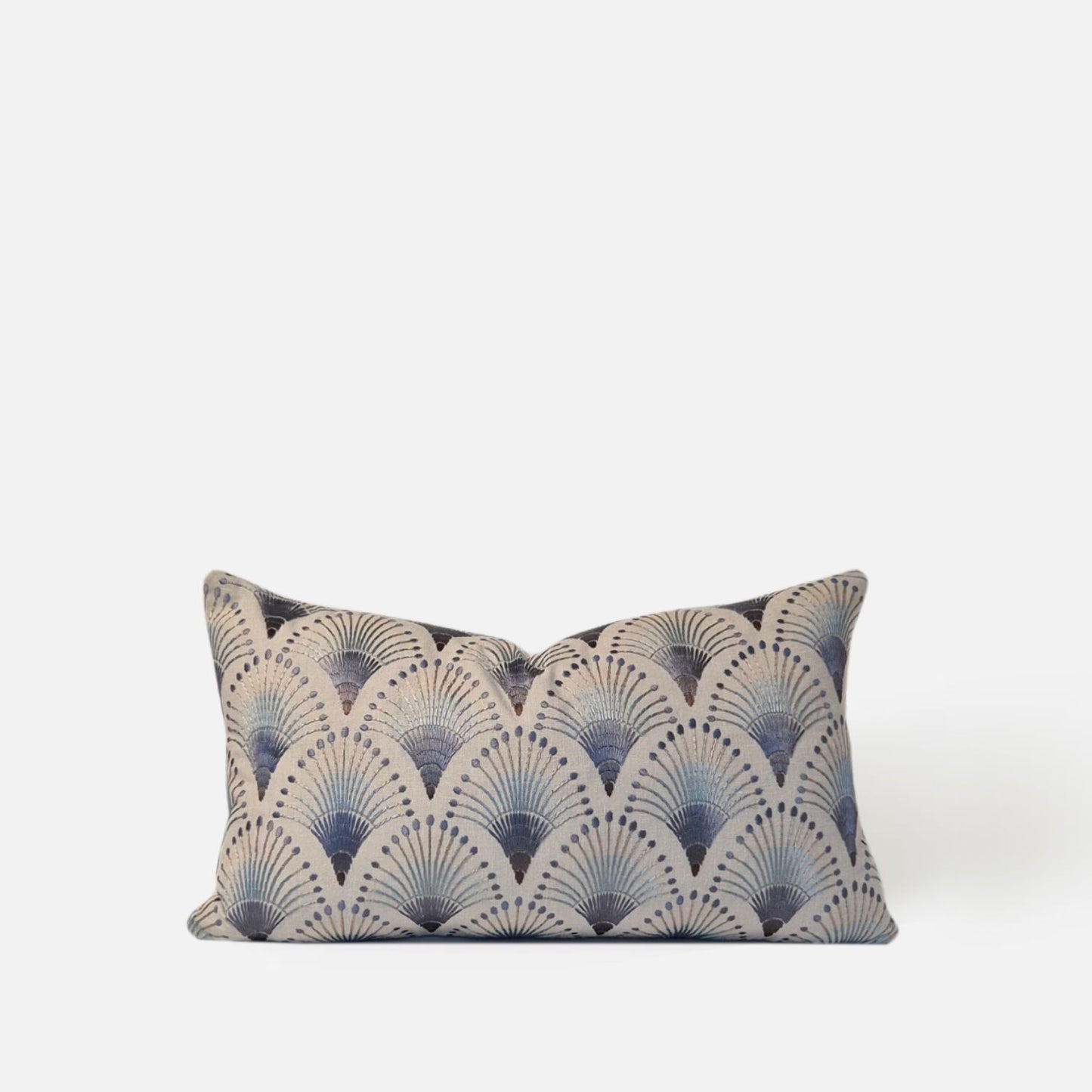 Decorative Threads Fanciful 50x30cm cushion cover in natural/indigo, front view on a white background