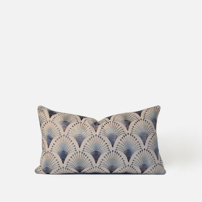 Decorative Threads Fanciful 50x30cm cushion cover in natural/indigo, front view on a white background