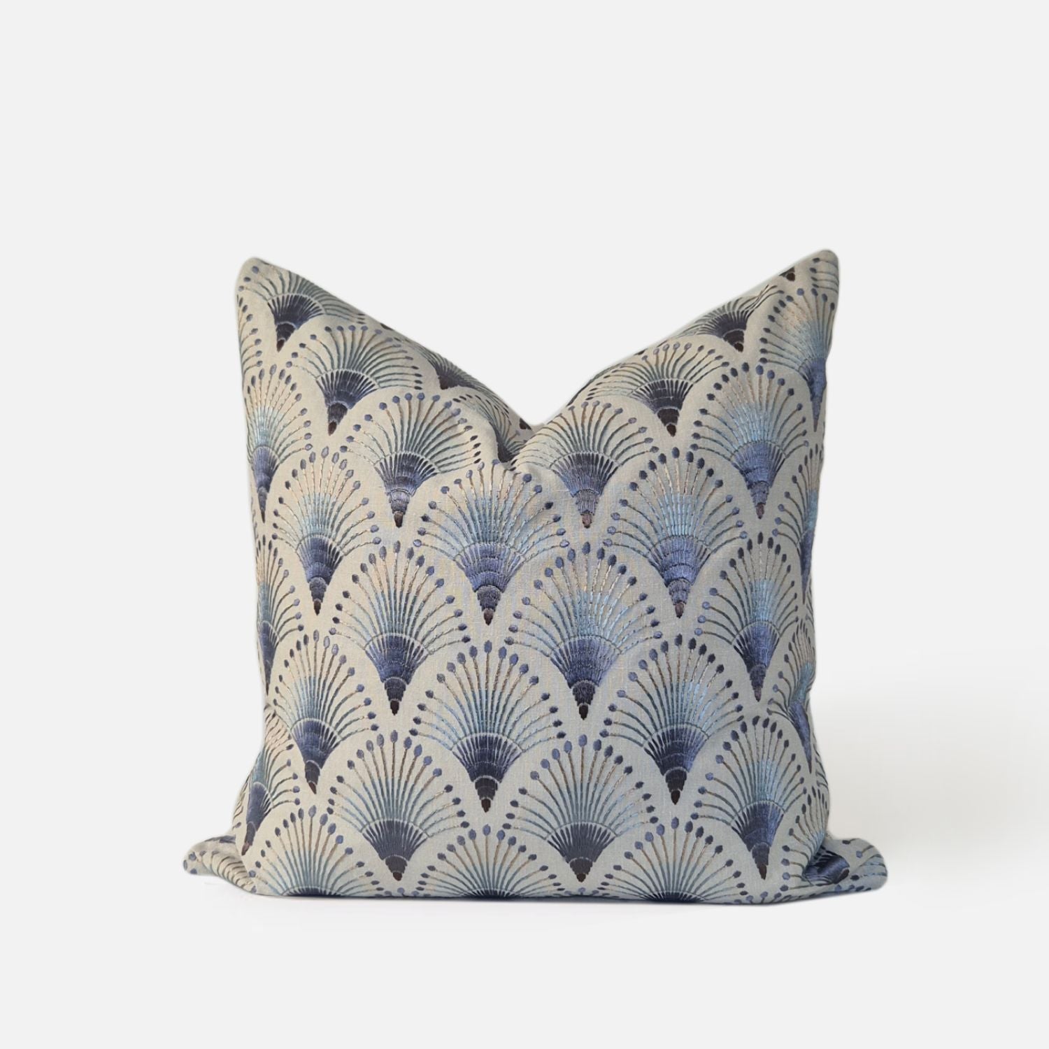 Decorative Threads Fanciful cushion cover in natural/indigo, front view on a white background