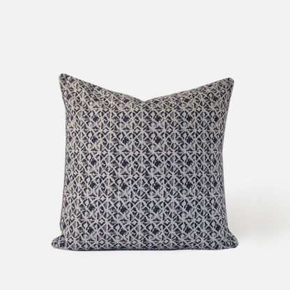 Decorative Threads blue geometric pattern cushion, front view on a white background.