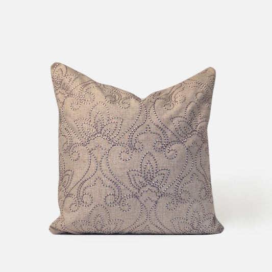 Decorative Threads Indie cushion cover in oatmeal, front view on a white background
