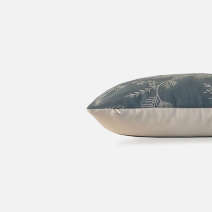 Decorative Threads Medley cushion cover in dusty turquoise with a embroidered botanical design, side view on a white background