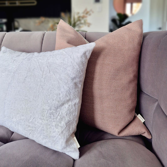  Decorative Threads Natural Harmony cushion cover combo.  Duo of woven and chenille textured neutrals on a grey couch.