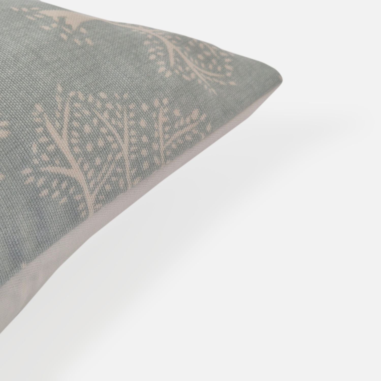Decorative Threads Oak cushion cover in Duckegg with printed oak trees, corner view