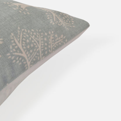 Decorative Threads Oak cushion cover in Duckegg with printed oak trees, corner view