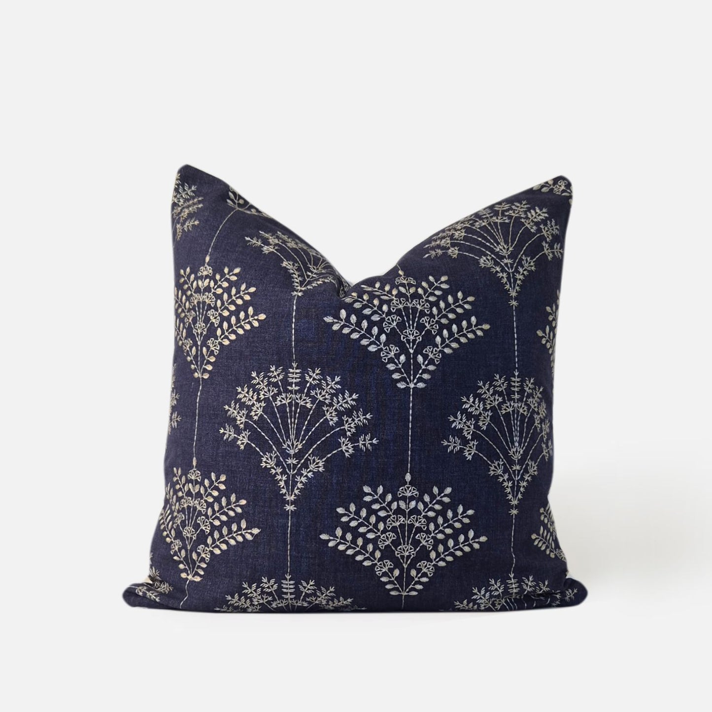 Decorative Threads Regal cushion cover in Midnight Blue/Ivory with an embroidered botanical design, front view on a white background