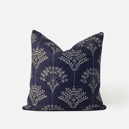 Decorative Threads Regal cushion cover in Midnight Blue/Ivory with an embroidered botanical design, front view on a white background