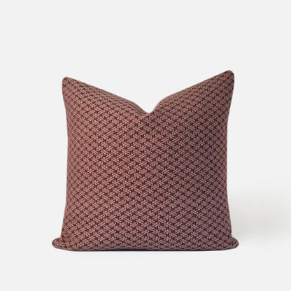 Decorative Threads Scarlet Serenity cushion cover combo. Ruby coloured Geometric Woven Cover, front view on a white background.