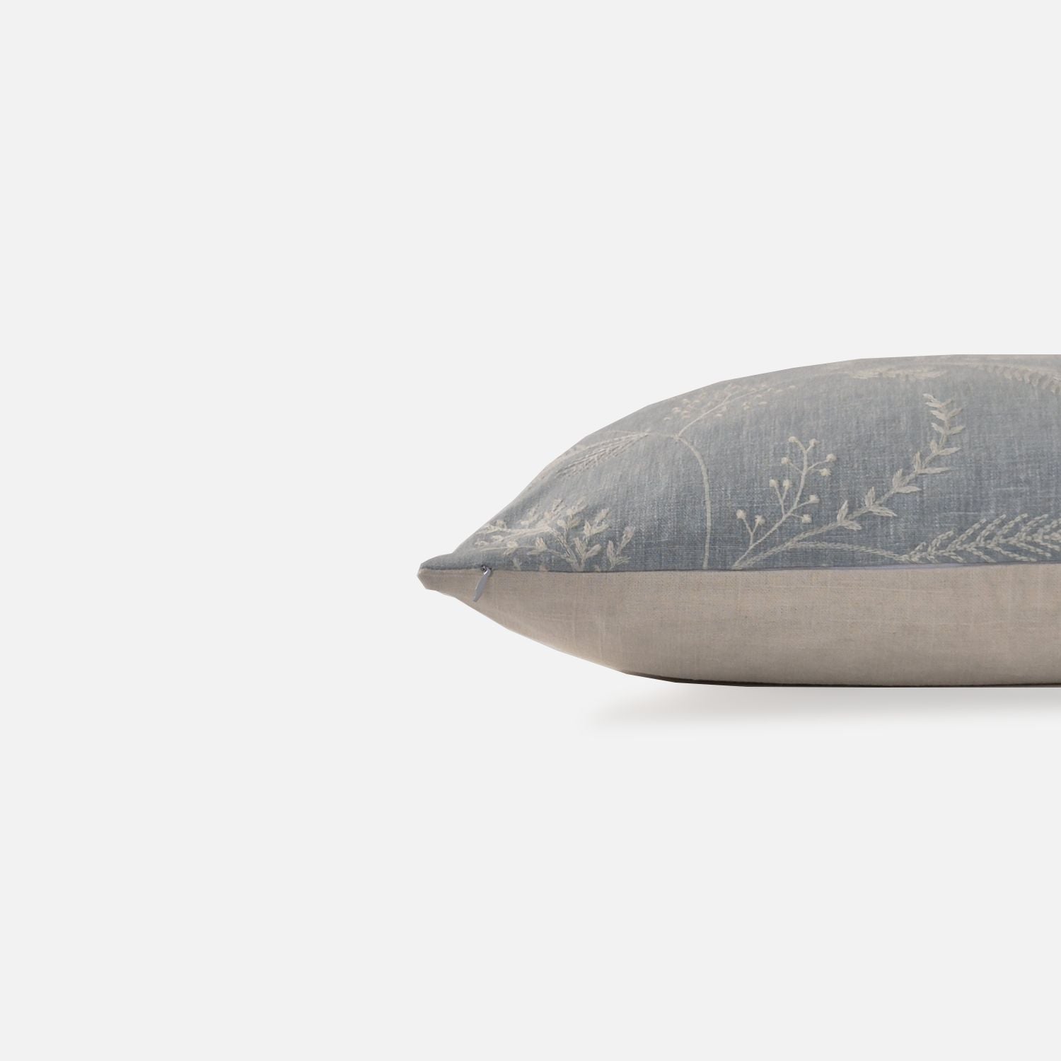 Decorative Threads Spruce cushion cover in Powder Blue with embroidery, side view