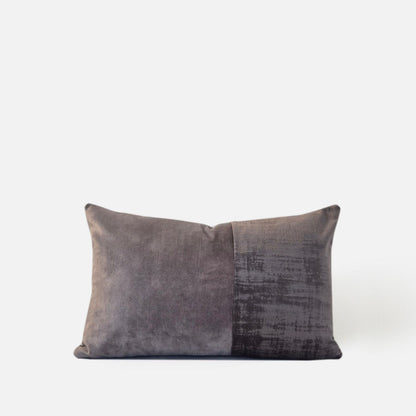 Decorative Threads velvet grey 48x30cm cushion with a a half and half panel, front view on a white background.