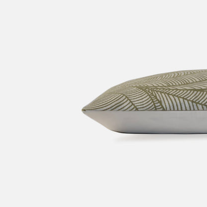 Decorative Threads Veined cushion cover in Wasabi with a woven botanical pattern, side view