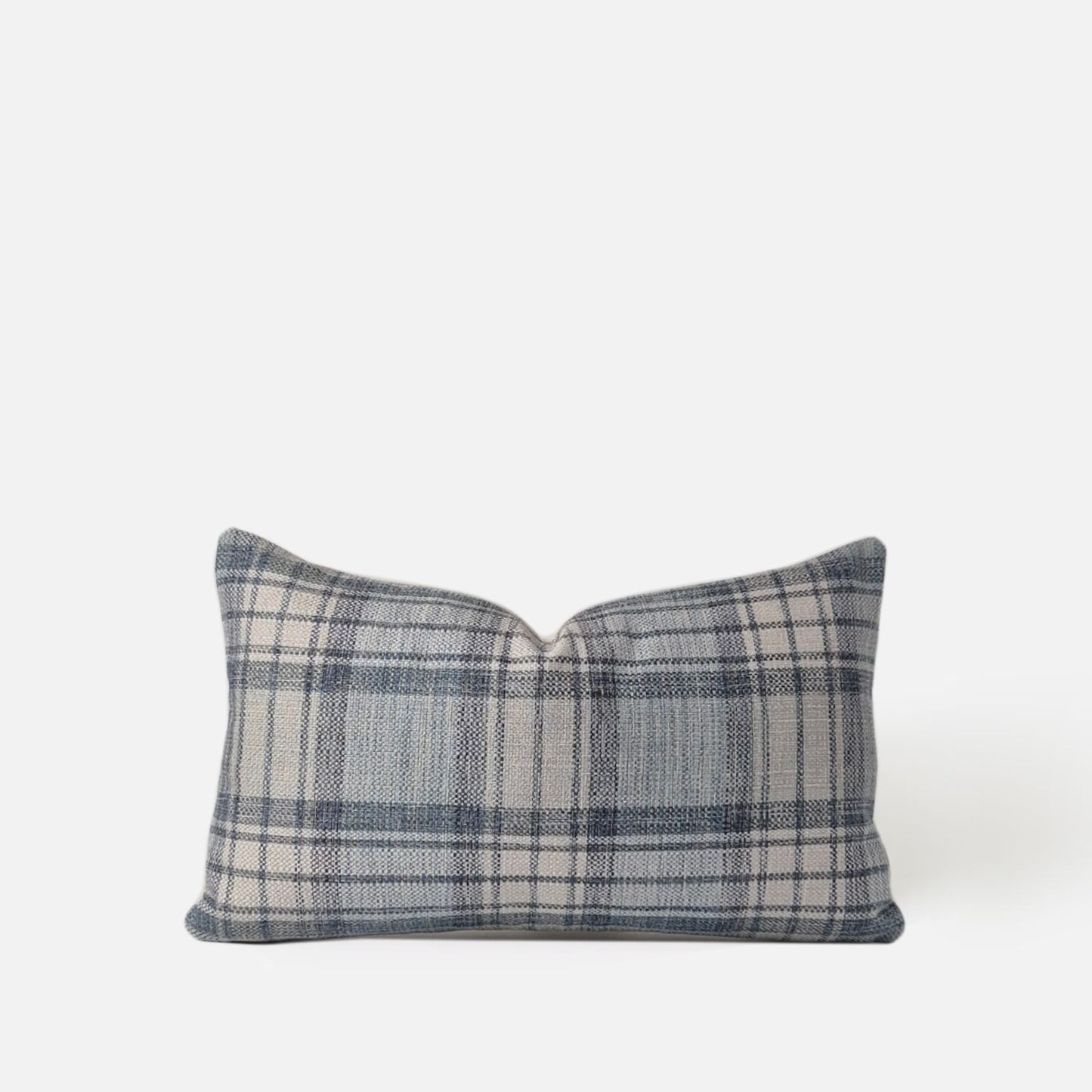 Decorative Threads Windsor cushion cover in Fog Blue with a woven plaid pattern, front view