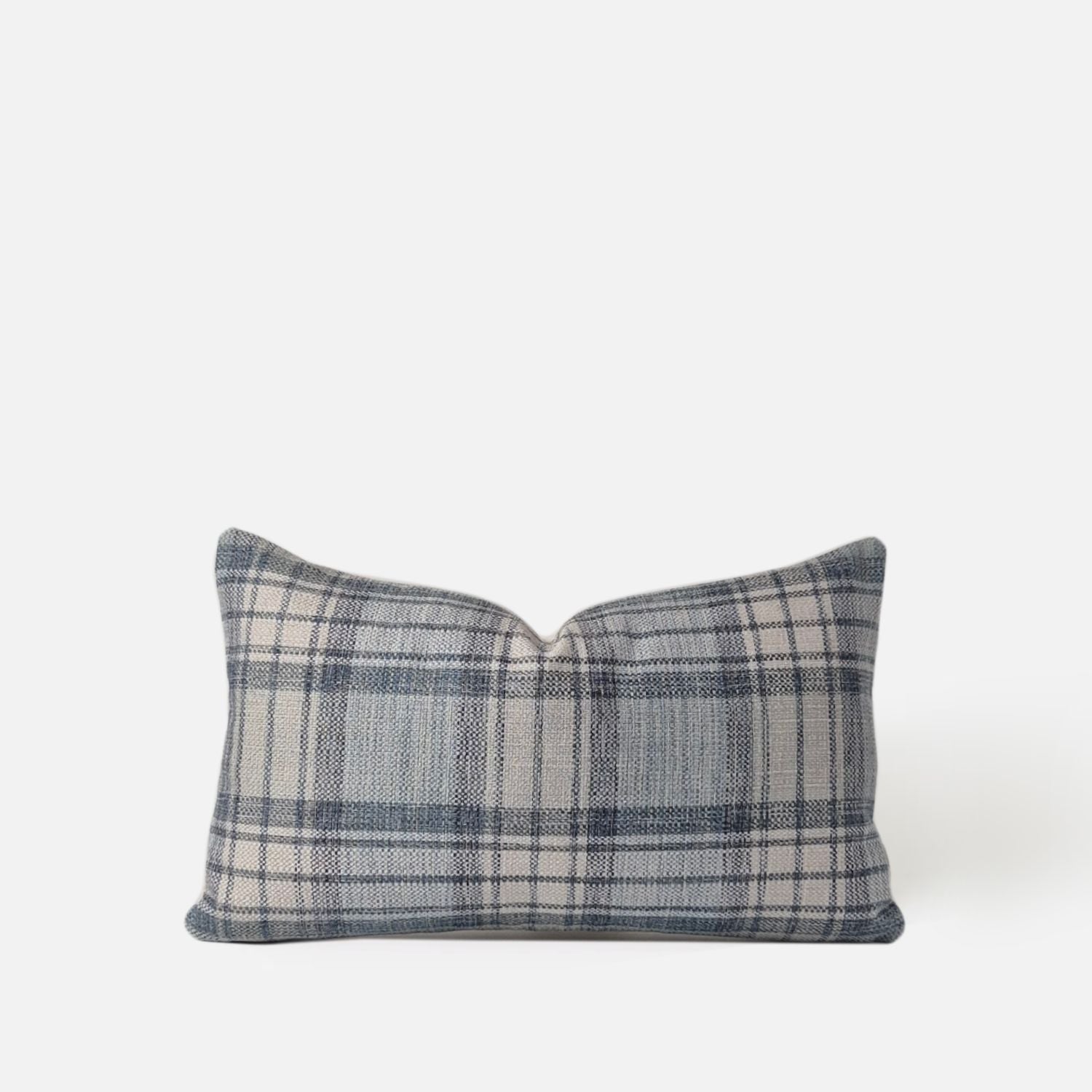 Decorative Threads Windsor cushion cover in Fog Blue with a woven plaid pattern, front view
