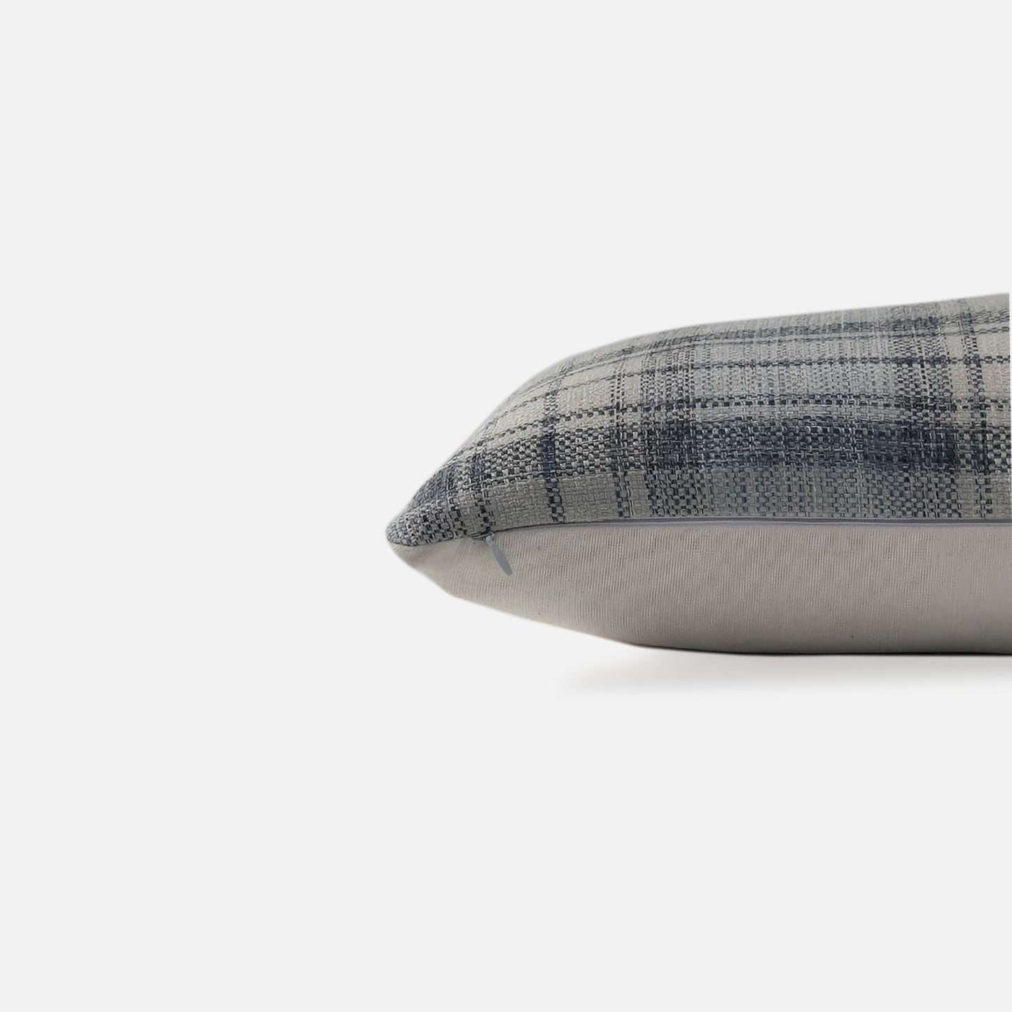 Decorative Threads Windsor cushion cover in Fog Blue with a woven plaid pattern, side view