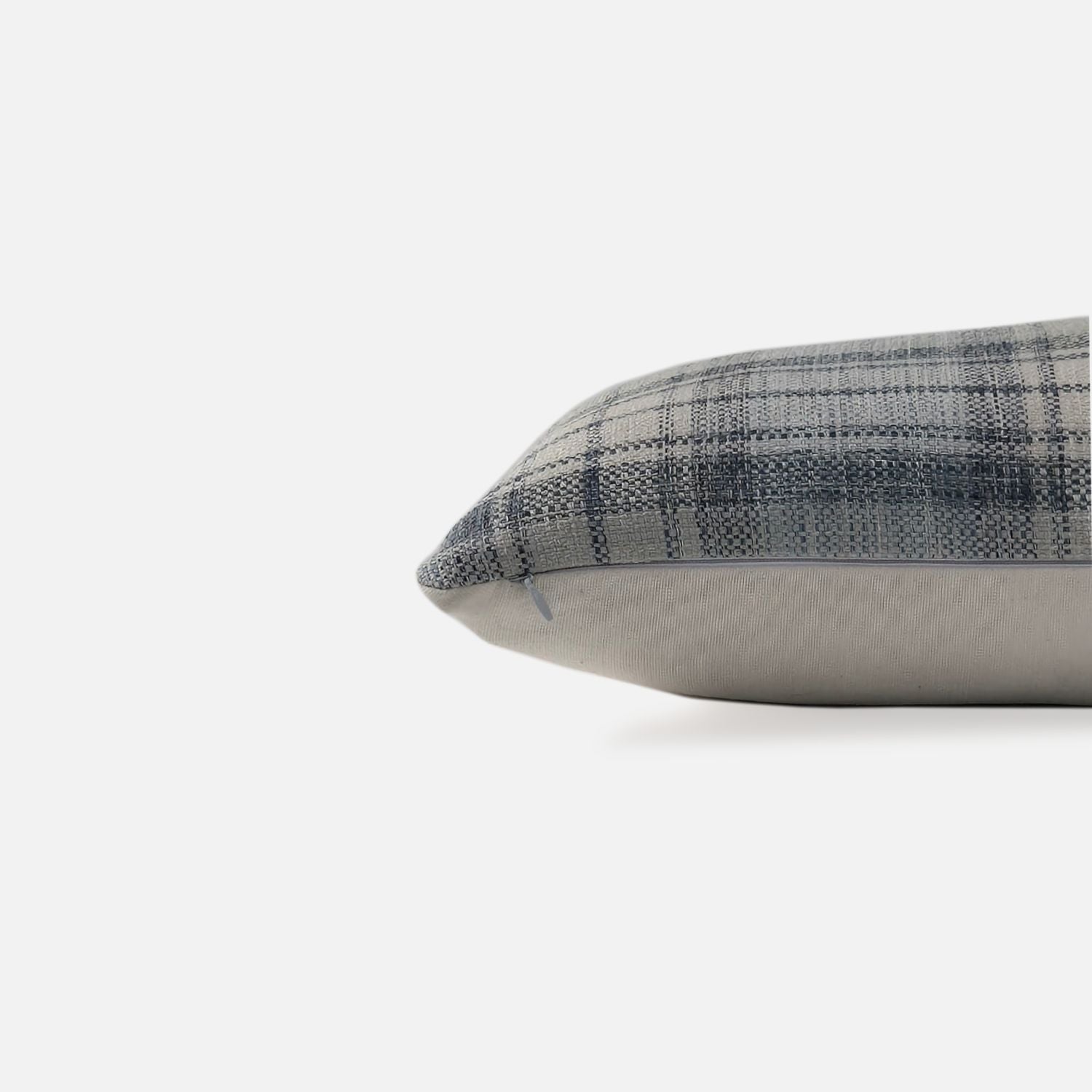 Decorative Threads Windsor cushion cover in Fog Blue with a woven plaid pattern, side view